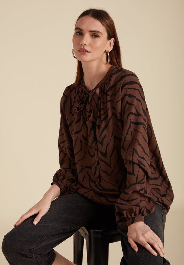 lily and lionel Helena Bow Detail Tiger Print Blouse In Brown