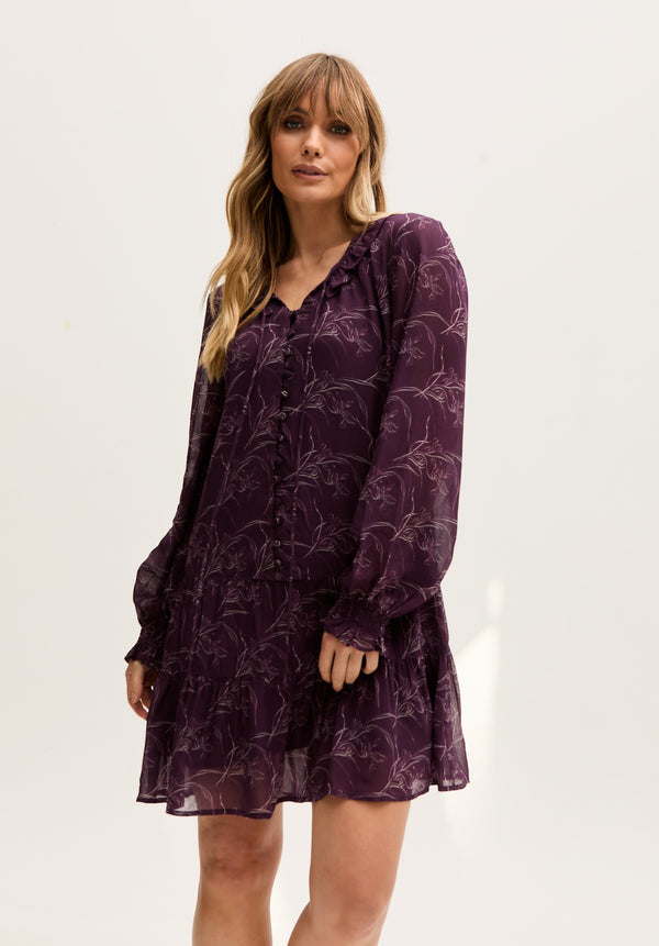 Lily And Lionel Henrietta Floral Print Button Down Mini Dress In Purple
