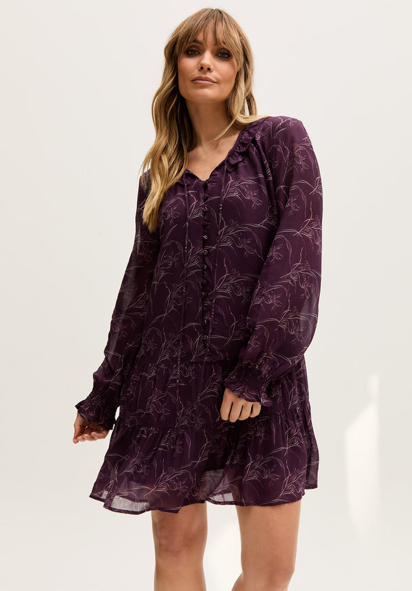 Lily And Lionel Henrietta Floral Print Button Down Mini Dress In Purple