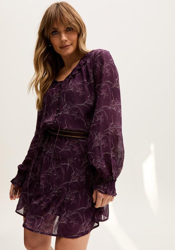 lily and lionel Henrietta Floral Print Button Down Mini Dress In Purple