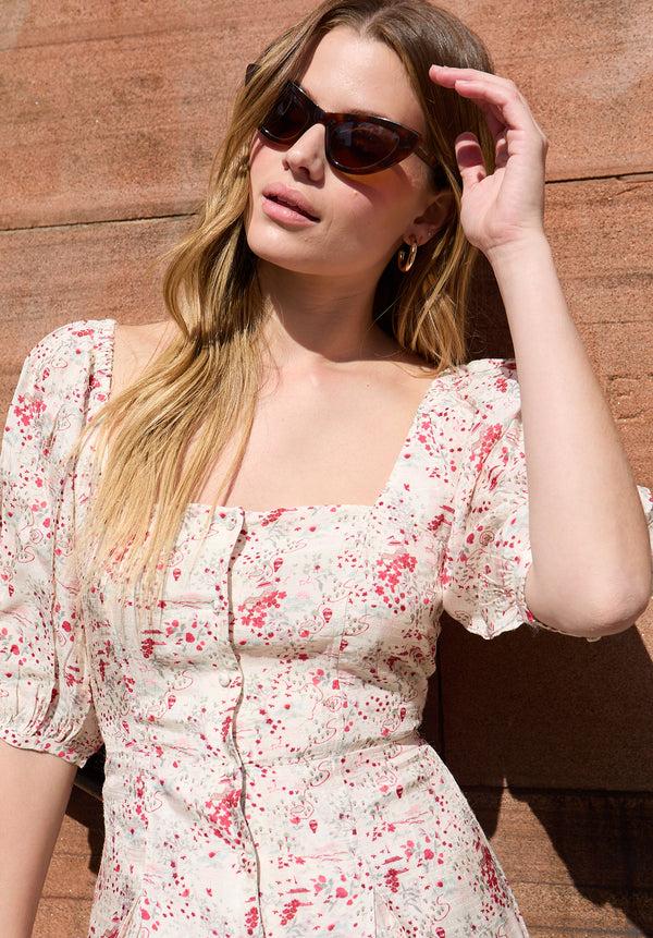 Lily And Lionel India Button Front Wishing Well Floral Print Mini Dress In Multi