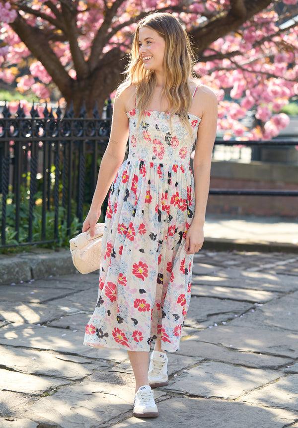 lily and lionel Jessica Detachable Strap Poppy Floral Print Midi Dress In Multi