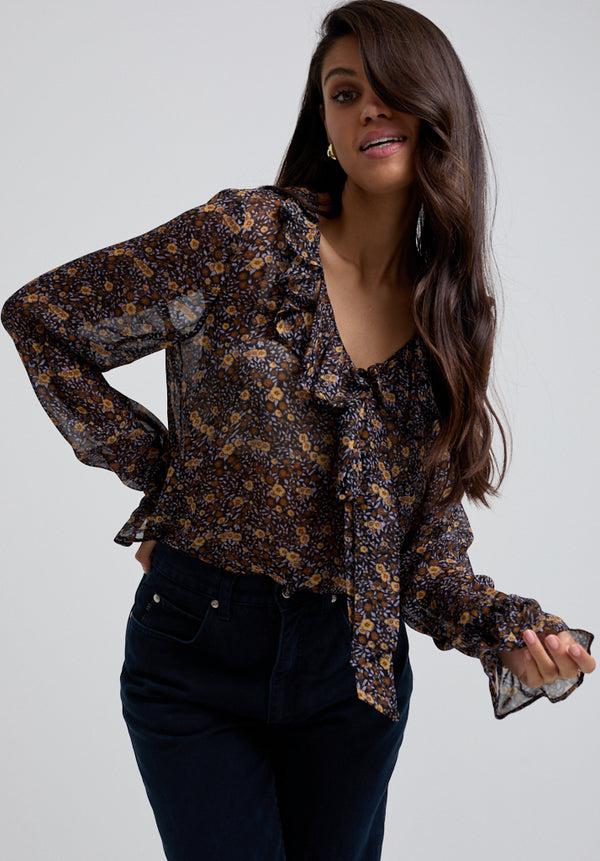 Lily And Lionel Joni Ruffle Neck Aster Print Blouse In Brown