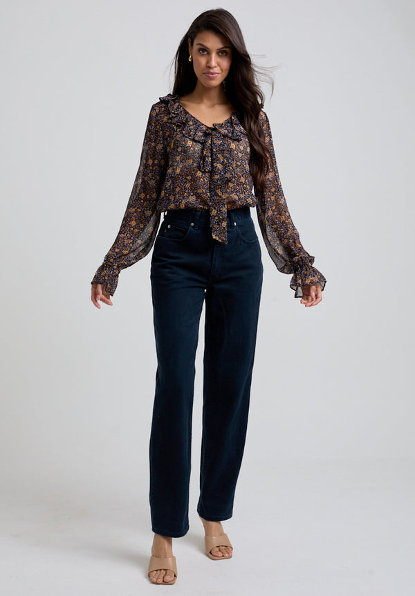 Lily And Lionel Joni Ruffle Neck Aster Print Blouse In Brown