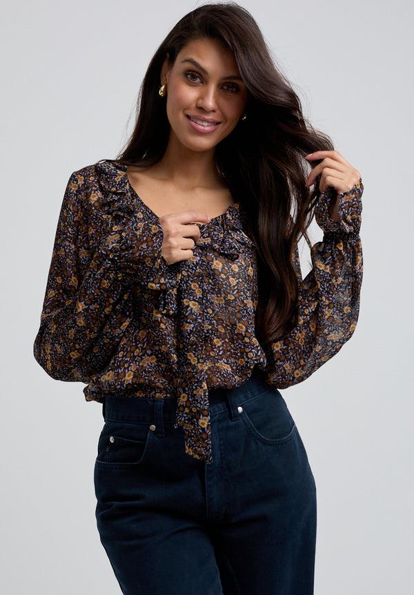 Lily And Lionel Joni Ruffle Neck Aster Print Blouse In Brown