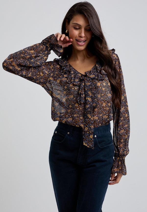 lily and lionel Joni Ruffle Neck Aster Print Blouse In Brown