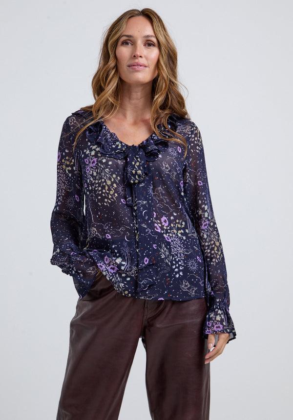 Lily And Lionel Joni Ruffle Neck Zodiac Print Blouse In Multi