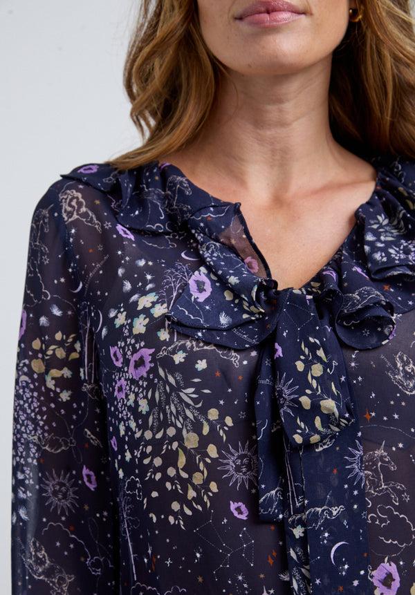 Lily And Lionel Joni Ruffle Neck Zodiac Print Blouse In Multi