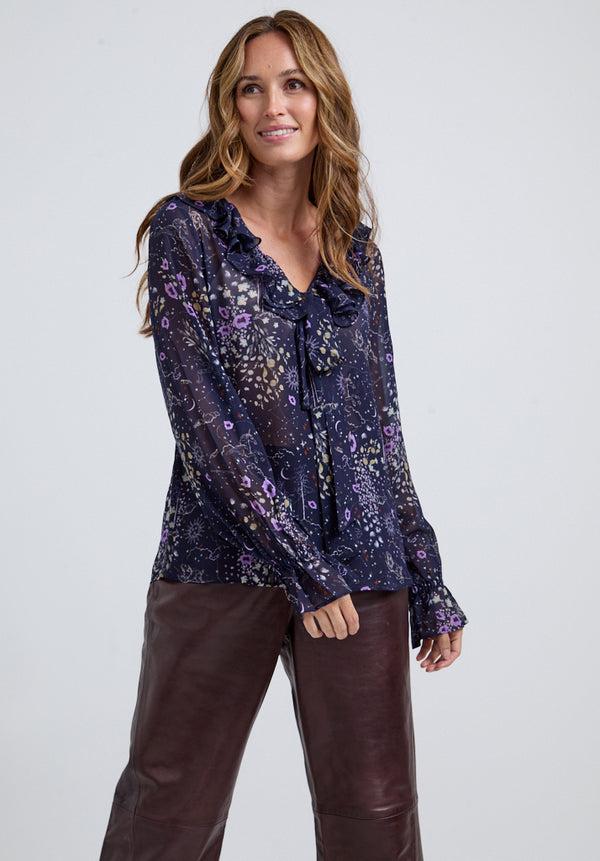 lily and lionel Joni Ruffle Neck Zodiac Print Blouse In Multi