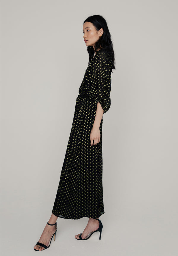 Lily And Lionel Katherine Billowy Sleeve Gold Spot Midi Dress In Black