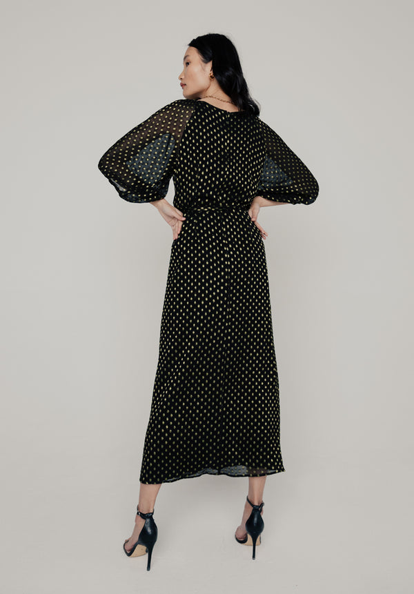 Lily And Lionel Katherine Billowy Sleeve Gold Spot Midi Dress In Black
