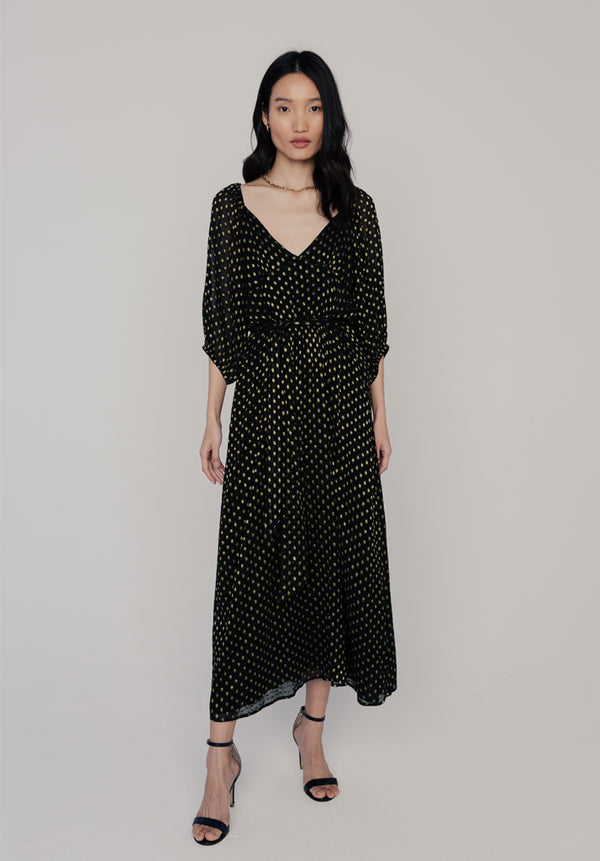 Lily And Lionel Katherine Billowy Sleeve Gold Spot Midi Dress In Black