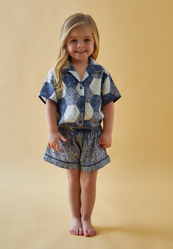 lily and lionel Keira Short Sleeve Aster Patchwork Print Pyjama Set In Blue