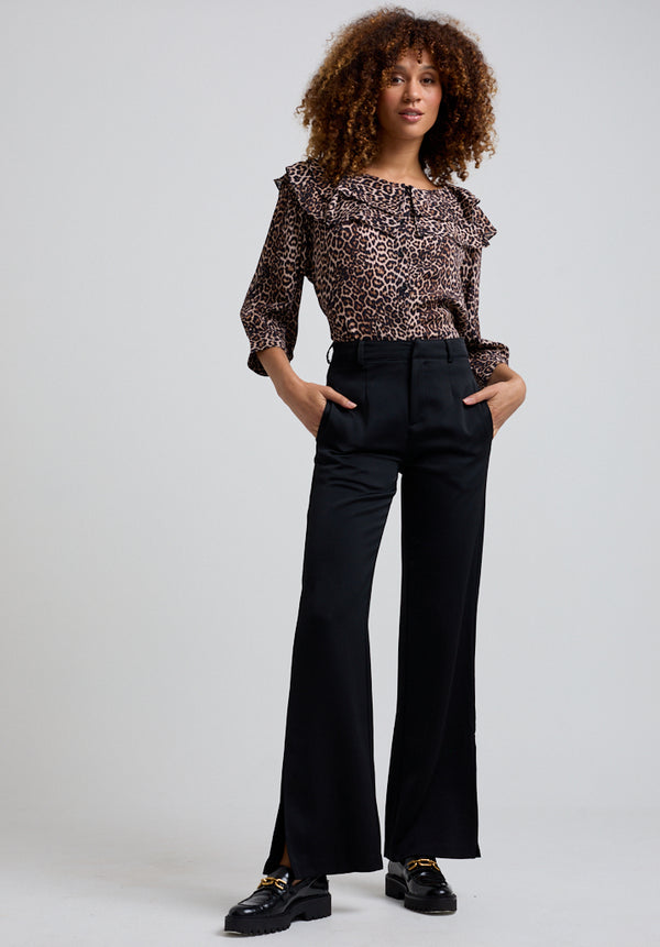 Lily And Lionel Keira Split Collar Big Cat Print Blouse In Brown