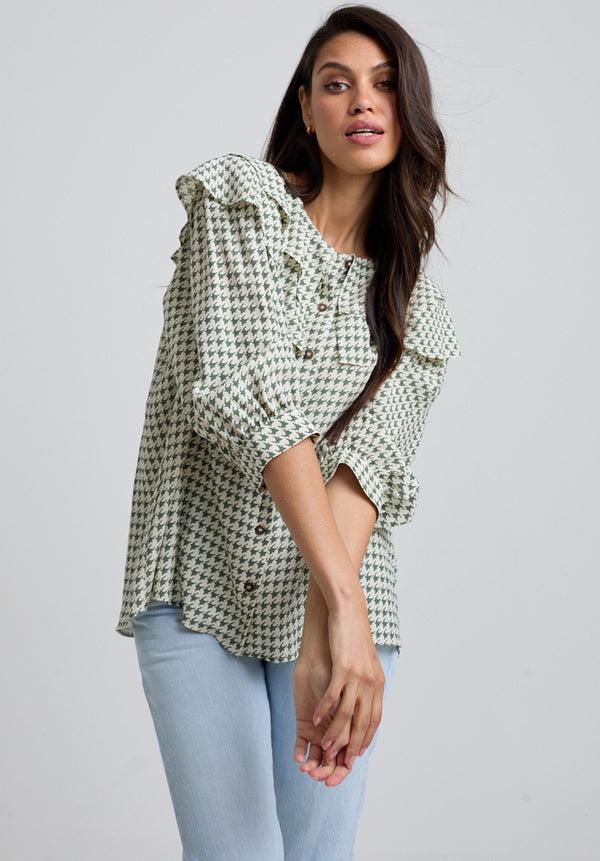 Lily And Lionel Keira Split Collar Houndstooth Print Blouse In Green