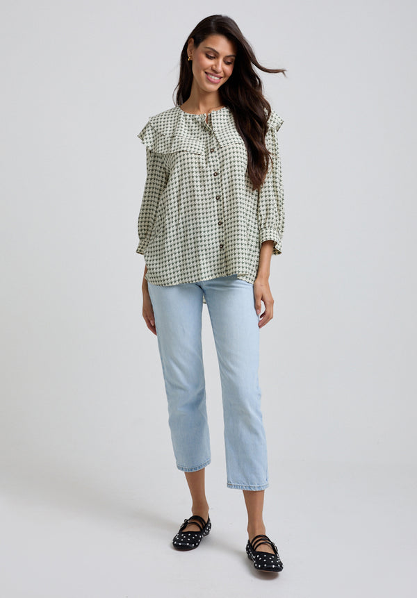 Lily And Lionel Keira Split Collar Houndstooth Print Blouse In Green