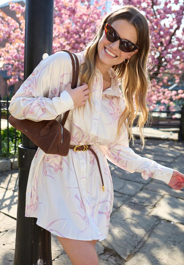 lily and lionel Kristy Button Down Large Floral Shirtdress In Cream