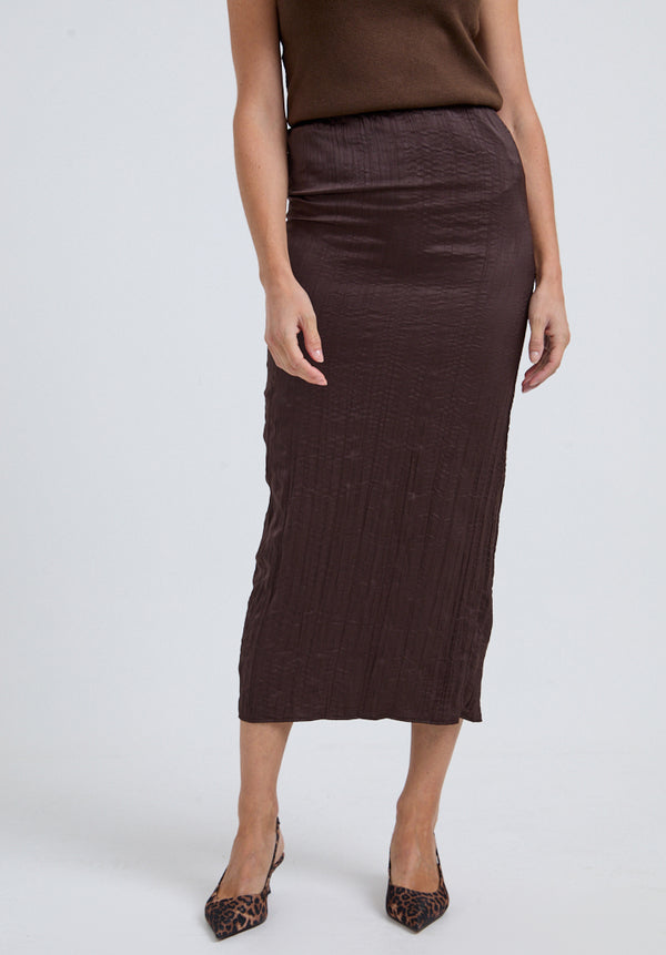 Lily And Lionel Lala Crinkle Pencil Midi Skirt In Brown