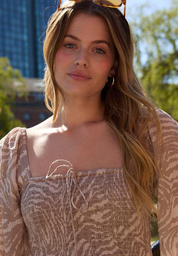 Lily And Lionel Lauren Shirred Bodice Banana Print Midi Dress In Brown