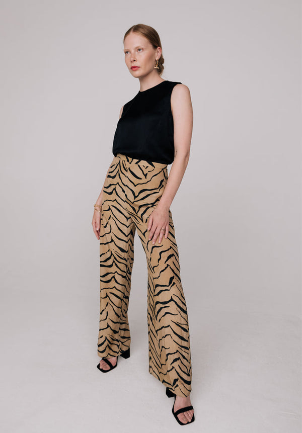 Lily And Lionel Leon Wide Leg Tiger Print Trouser In Brown