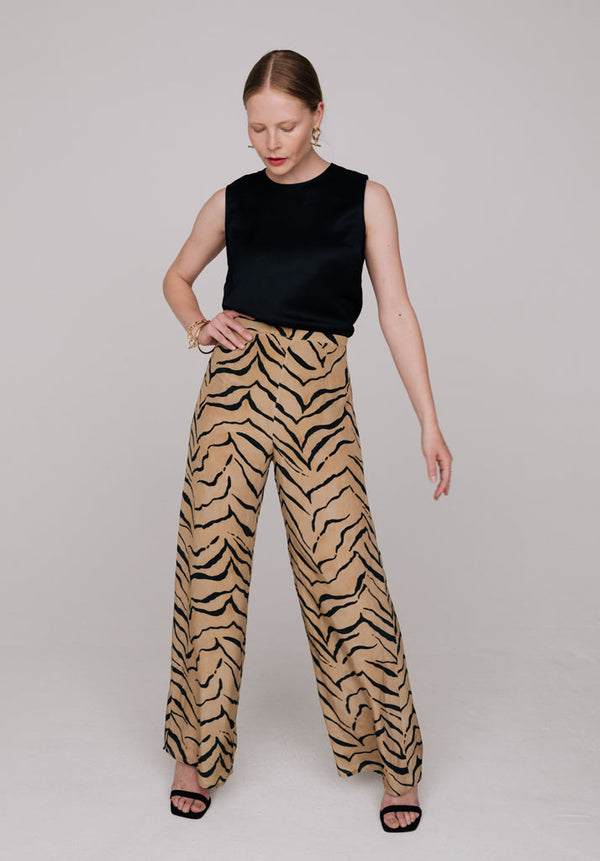 lily and lionel Leon Wide Leg Tiger Print Trouser In Brown