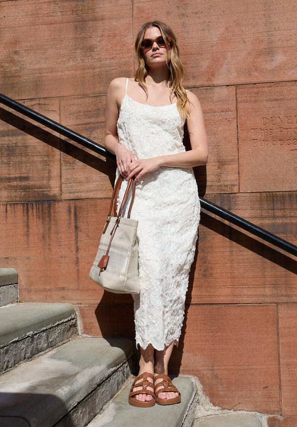 Lily And Lionel Lily Spaghetti Strap Ribbon Work Midi Dress In Cream