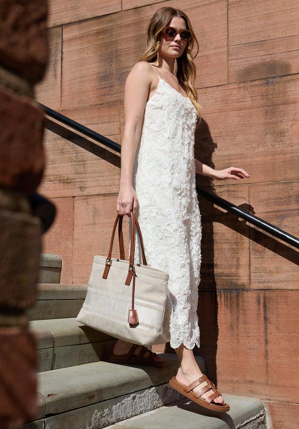 Lily And Lionel Lily Spaghetti Strap Ribbon Work Midi Dress In Cream