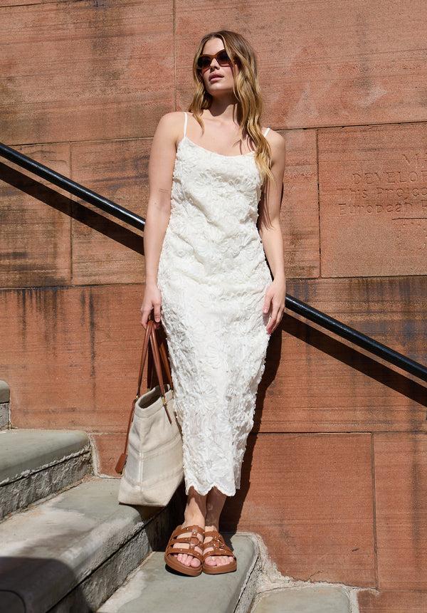 lily and lionel Lily Spaghetti Strap Ribbon Work Midi Dress In Cream