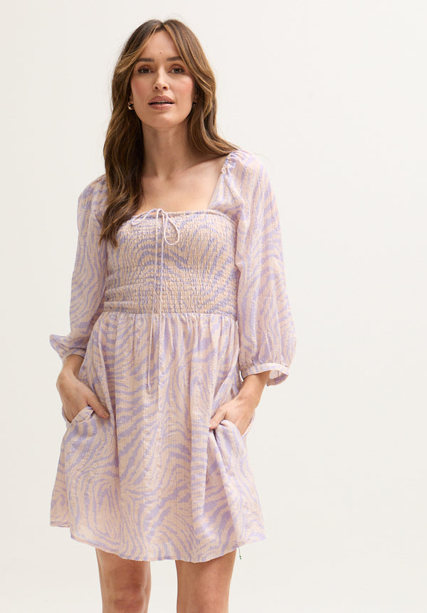 Lily And Lionel Lucy Shirred Bodice Banana Check Print Mini Dress In Multi