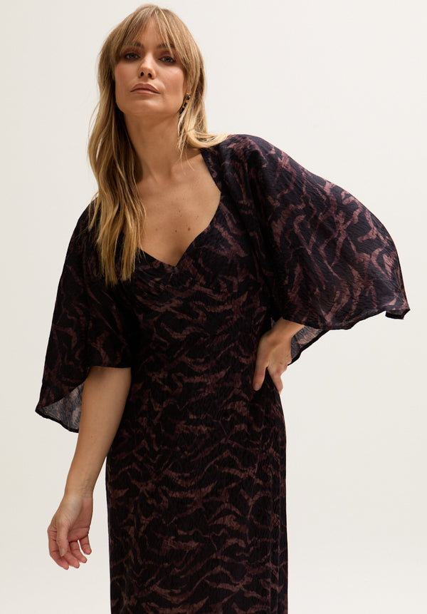 Lily And Lionel Lydia Angel Sleeve Midnight Tiger Print Maxi Dress In Brown