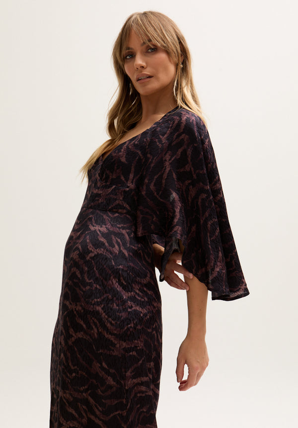 Lily And Lionel Lydia Angel Sleeve Midnight Tiger Print Maxi Dress In Brown