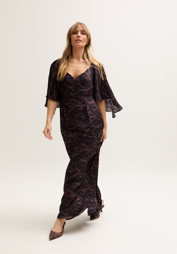 Lily And Lionel Lydia Angel Sleeve Midnight Tiger Print Maxi Dress In Brown