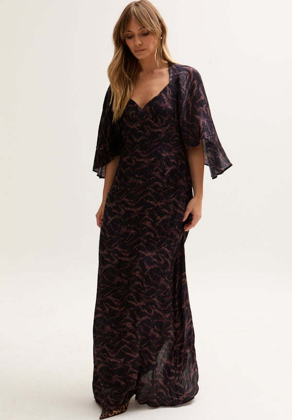 lily and lionel Lydia Angel Sleeve Midnight Tiger Print Maxi Dress In Brown