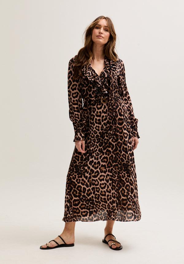 Lily And Lionel Margot Ruffle Neck Big Cat Print Midi Dress In Brown
