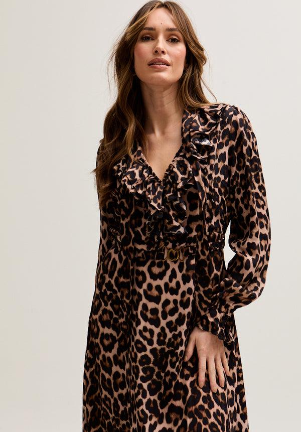 Lily And Lionel Margot Ruffle Neck Big Cat Print Midi Dress In Brown