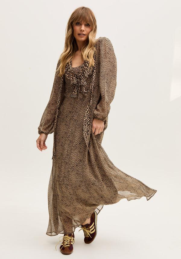 Lily And Lionel Margot Ruffle Neck Leopard Print Maxi Dress In Brown