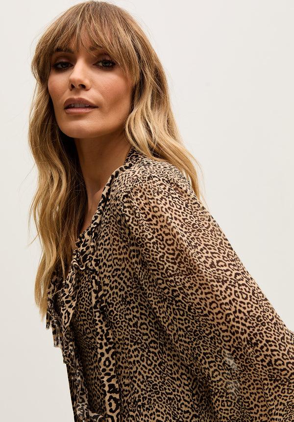 Lily And Lionel Margot Ruffle Neck Leopard Print Maxi Dress In Brown