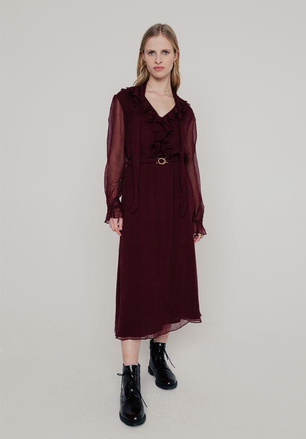 Lily And Lionel Margot Ruffle Neck Midi Dress In Burgundy