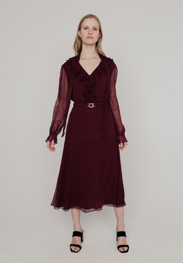lily and lionel Margot Ruffle Neck Midi Dress In Burgundy