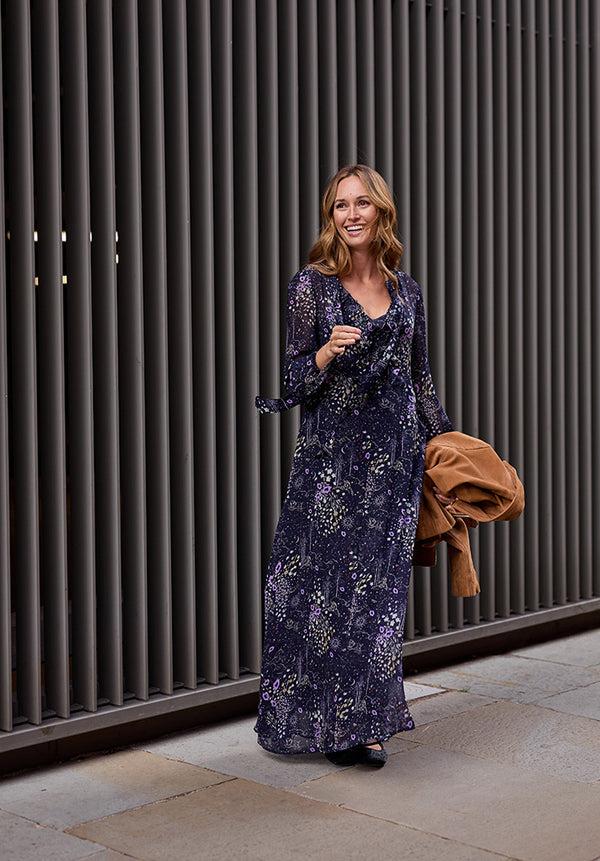 Lily And Lionel Margot Ruffle Neck Zodiac Print Maxi Dress In Multi