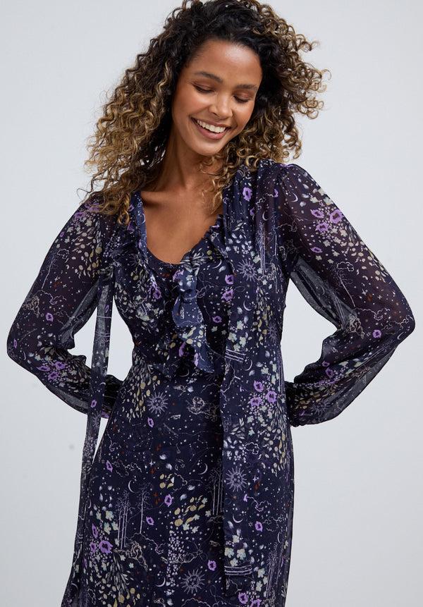 Lily And Lionel Margot Ruffle Neck Zodiac Print Maxi Dress In Multi