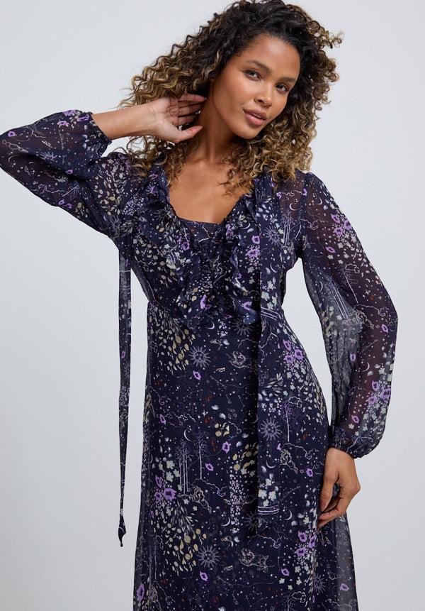 Lily And Lionel Margot Ruffle Neck Zodiac Print Maxi Dress In Multi