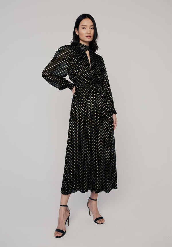 Lily And Lionel Marianne Keyhole Gold Spot Midi Dress In Black