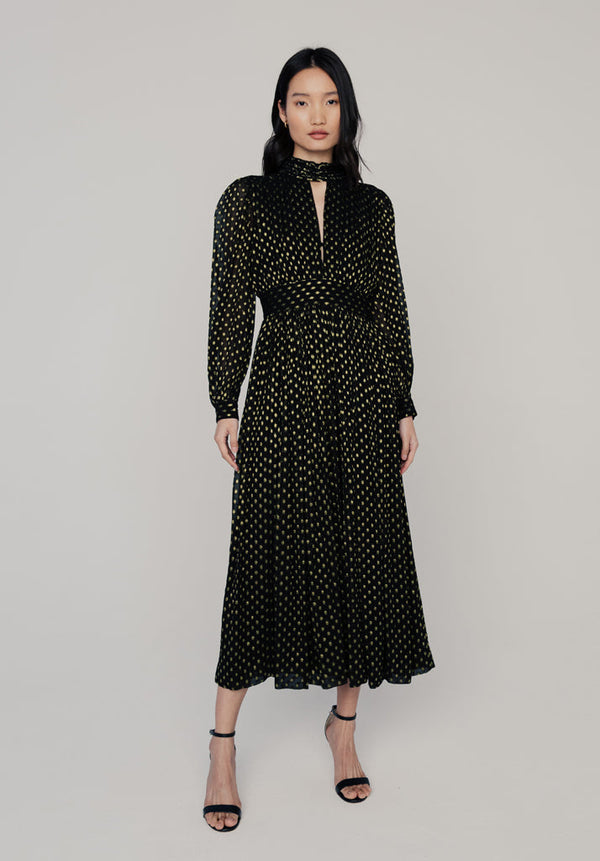 lily and lionel Marianne Keyhole Gold Spot Midi Dress In Black