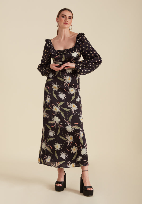 Lily And Lionel Martha Square Neck Moonflower Print Midi Dress In Navy