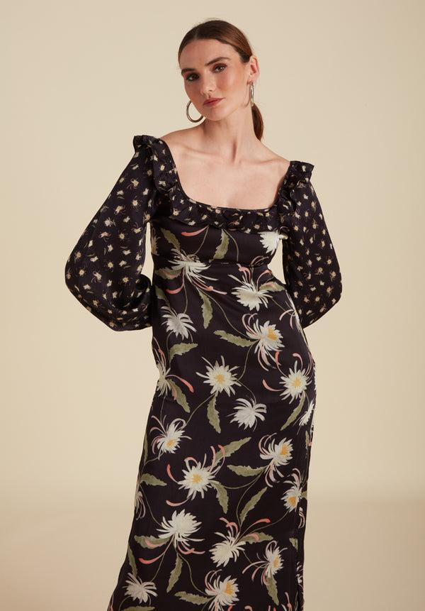 Lily And Lionel Martha Square Neck Moonflower Print Midi Dress In Navy