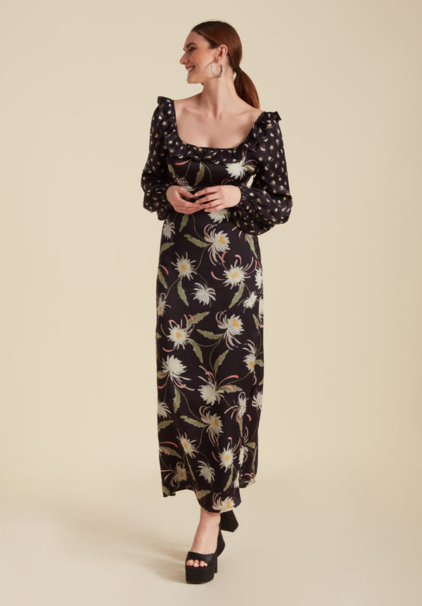 lily and lionel Martha Square Neck Moonflower Print Midi Dress In Navy