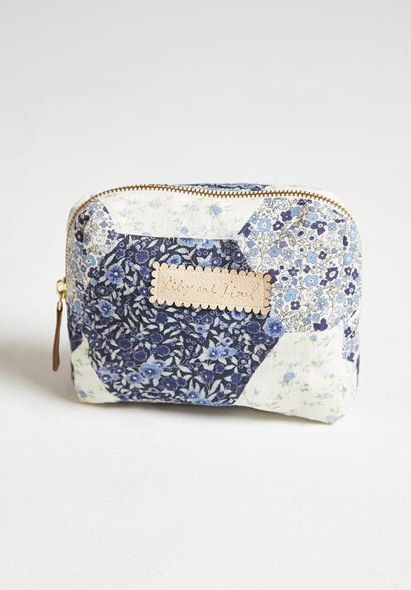 lily and lionel Maya Aster Print Patchwork Cosmetic Bag In Blue