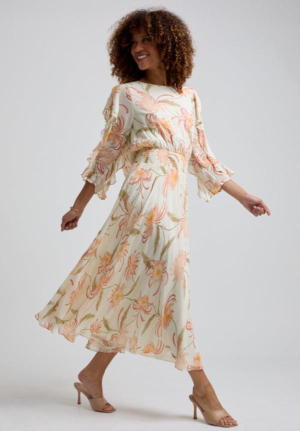 Lily And Lionel Mia Ruffle Sleeve Moonflower Print Midi Dress In Cream