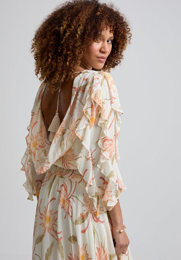 Lily And Lionel Mia Ruffle Sleeve Moonflower Print Midi Dress In Cream